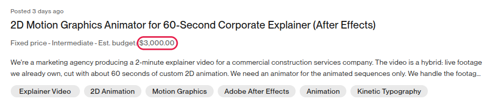 A public freelance-site job post for a business video, with its fixed budget