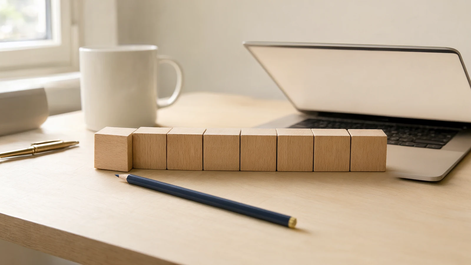 Seven wooden calendar blocks on a bright desk beside a half-open laptop.