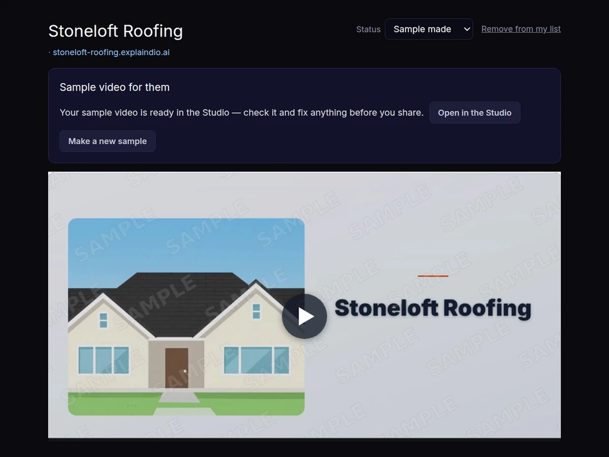 An example roofing company's card with its sample video ready, and the watermarked sample frame showing the business name.