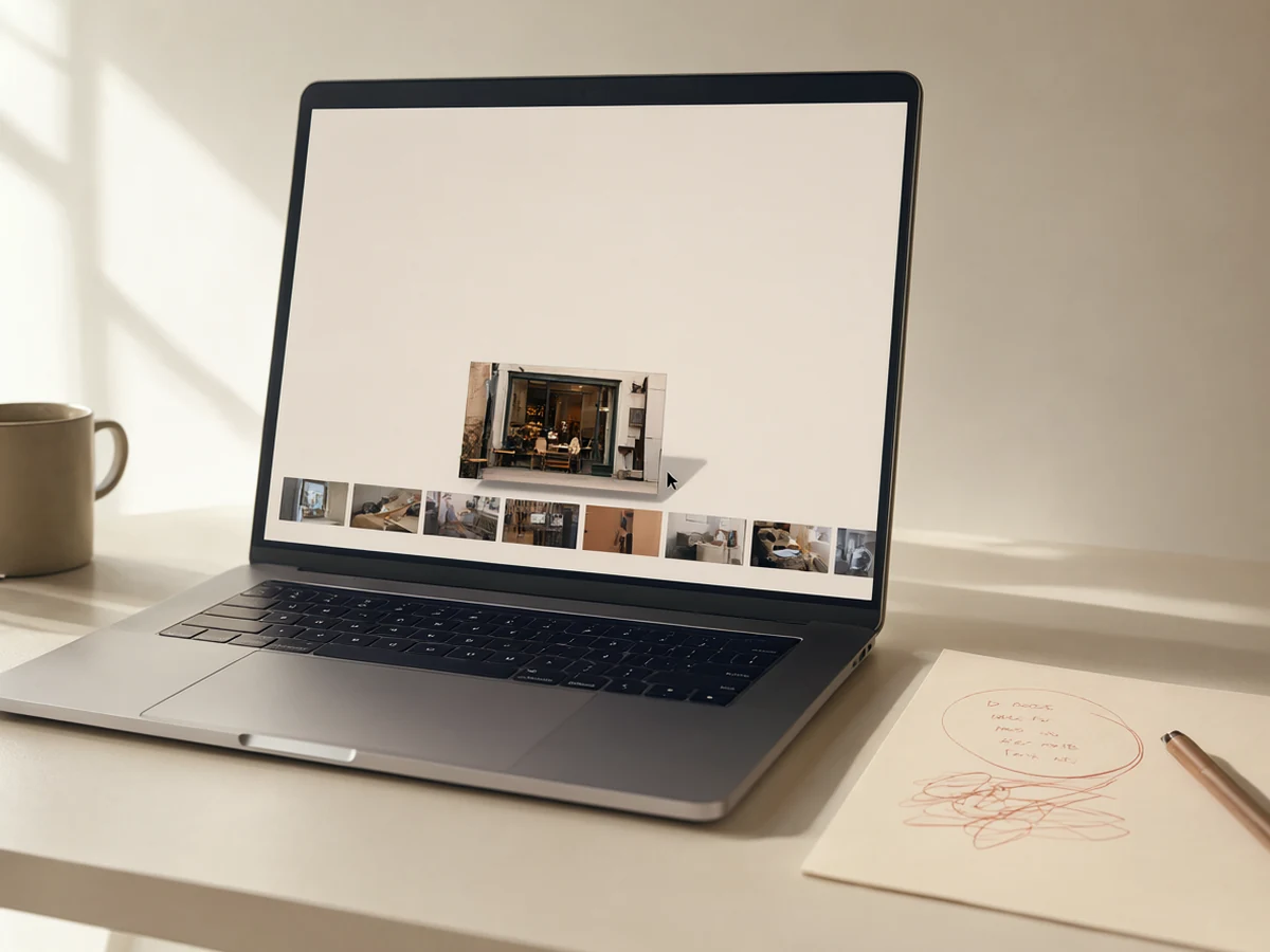 A video editor timeline on a laptop with one scene lifted out and a new photo being dropped in, a handwritten note beside it.