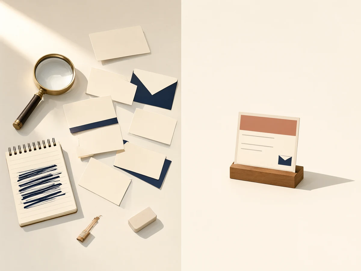 A magnifying glass over scattered business cards and crossed-out notes, next to one neat contact card.