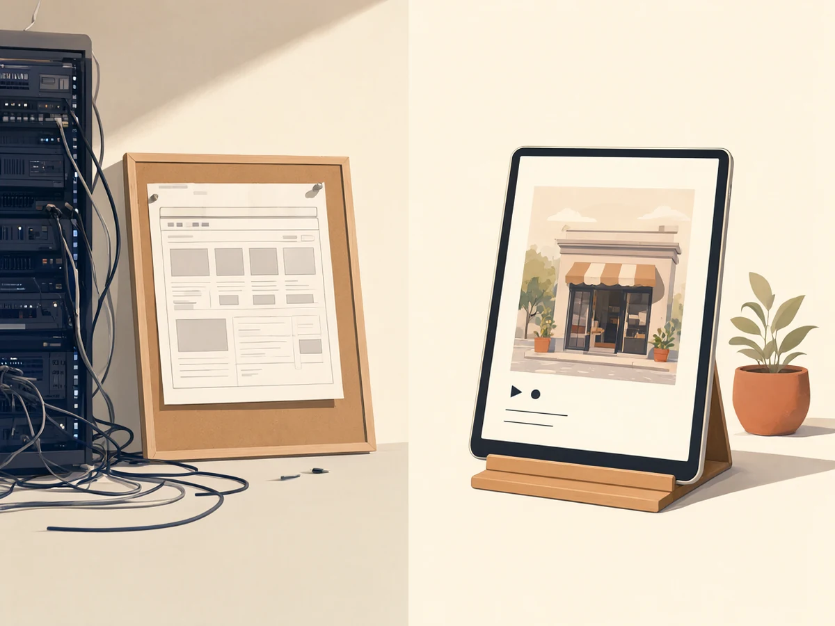 A tangle of cables, a server rack and a pinned web-page wireframe, next to one framed sample page on a tablet.