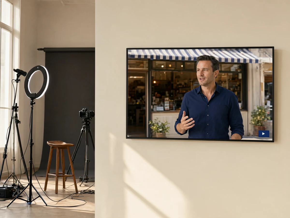 A ring light, a camera on a tripod and an empty presenter’s stool, next to a photo-real man speaking on a wall screen in front of a shopfront.